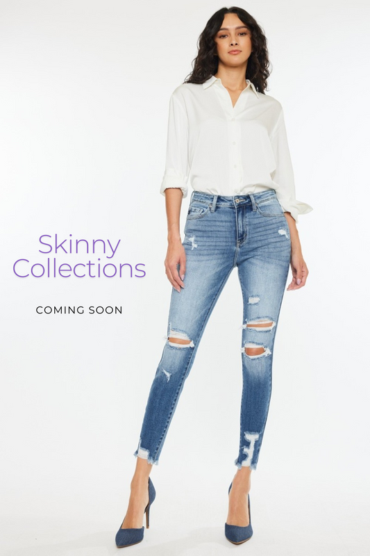 Model showcasing upcoming Skinny jeans collection, featuring stylish ripped design and modern fit, coming soon.